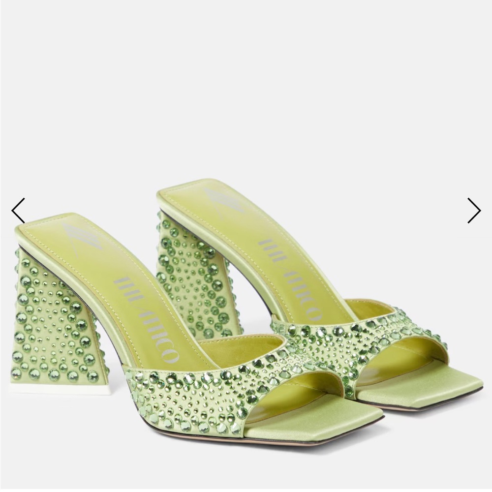 The Attico 85mm mini devon sandals in green rhinestones
